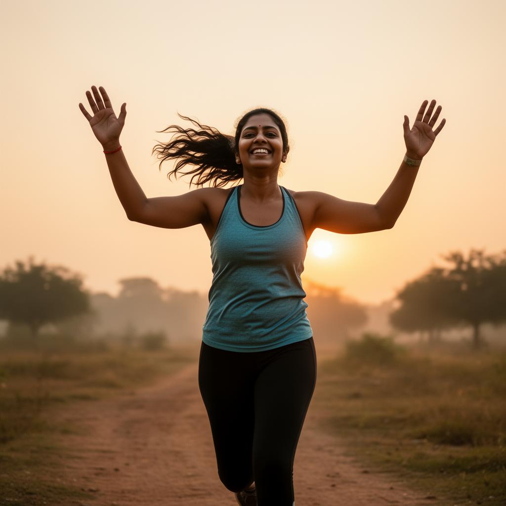A confident woman running with arms raised at sunrise